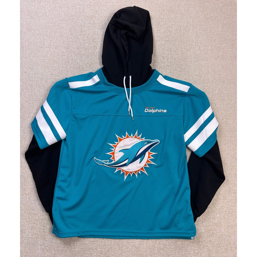 NFL Ultra Game Miami Dolphins Mens Teal Black Layered Jersey Hoodie Medium